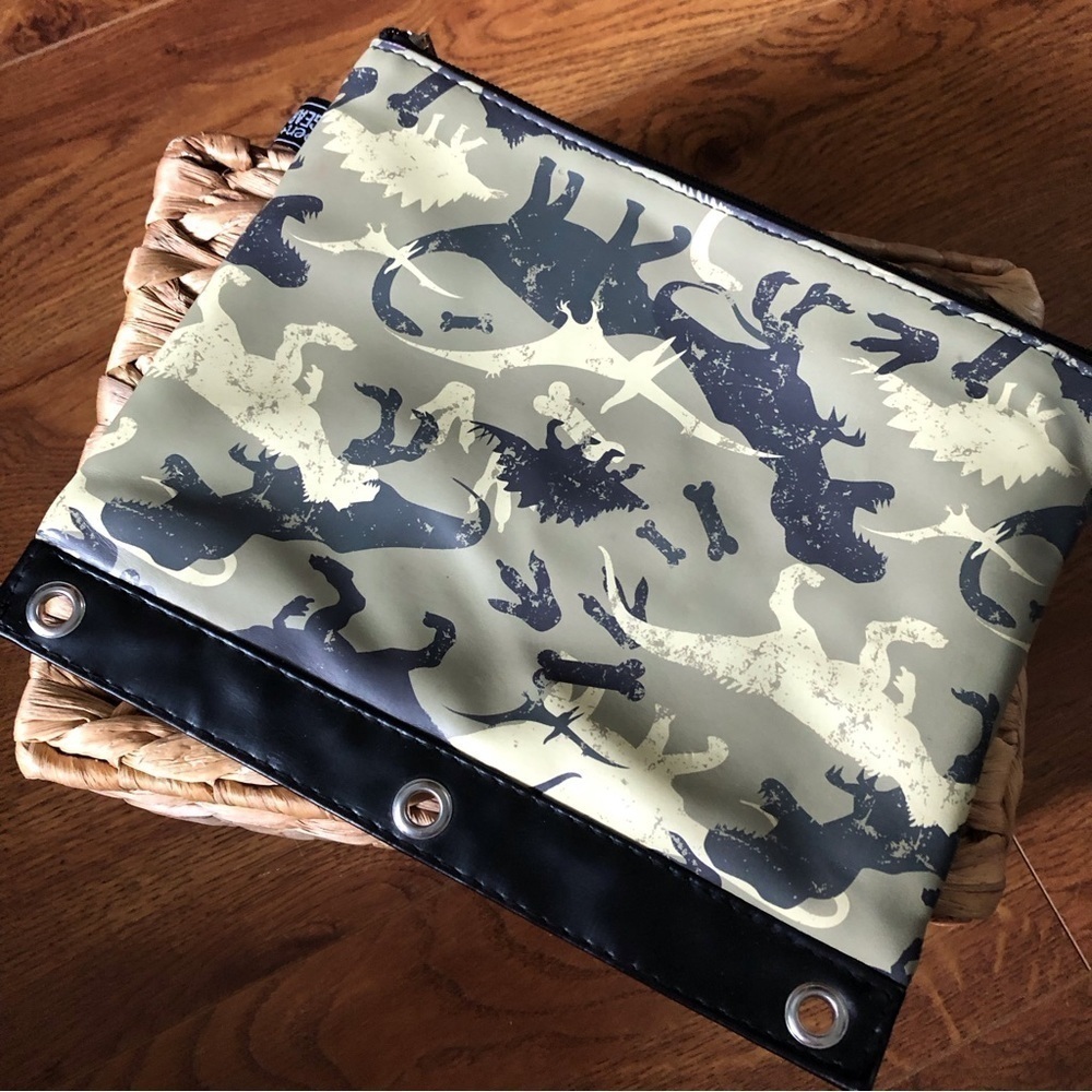 Vegan leather como dinosaur three ring pencil pouch